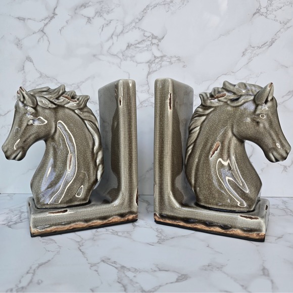 Other - Vintage MCM Ceramic Horse Head Bookends Crackle Glaze Equestrian Decor Set